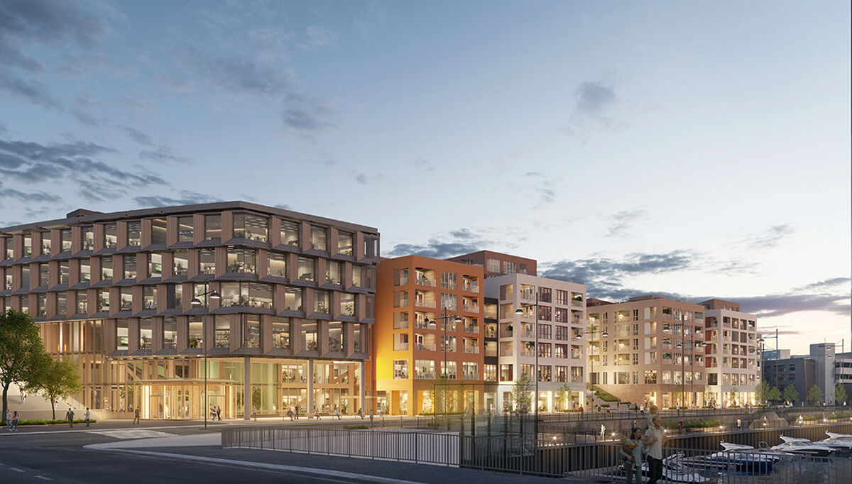 StasjonsKvartalet i Trondheim er et boligprosjekt med hele 234 leiligheter som Veidekke nå skal i gang med på oppdrag fra Bane Nor. Illustrasjon: Sweco