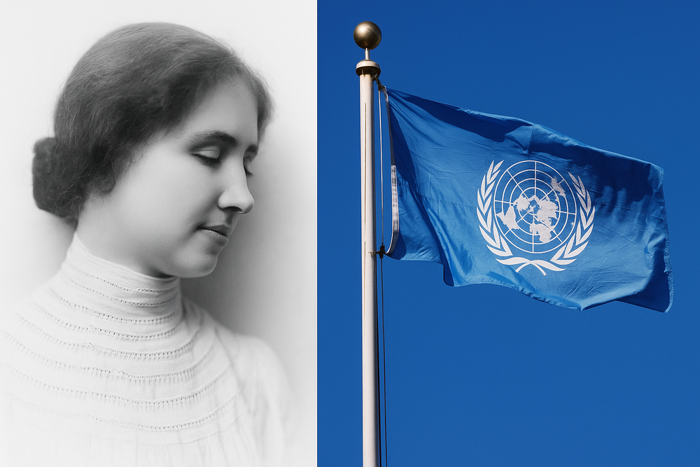 To bilder ved siden av hverandre. Til venstre et svart portrettbilde av en kvinne som ser mot høyre. Venstre bildet er av et blått flagg med hvite tegn på.