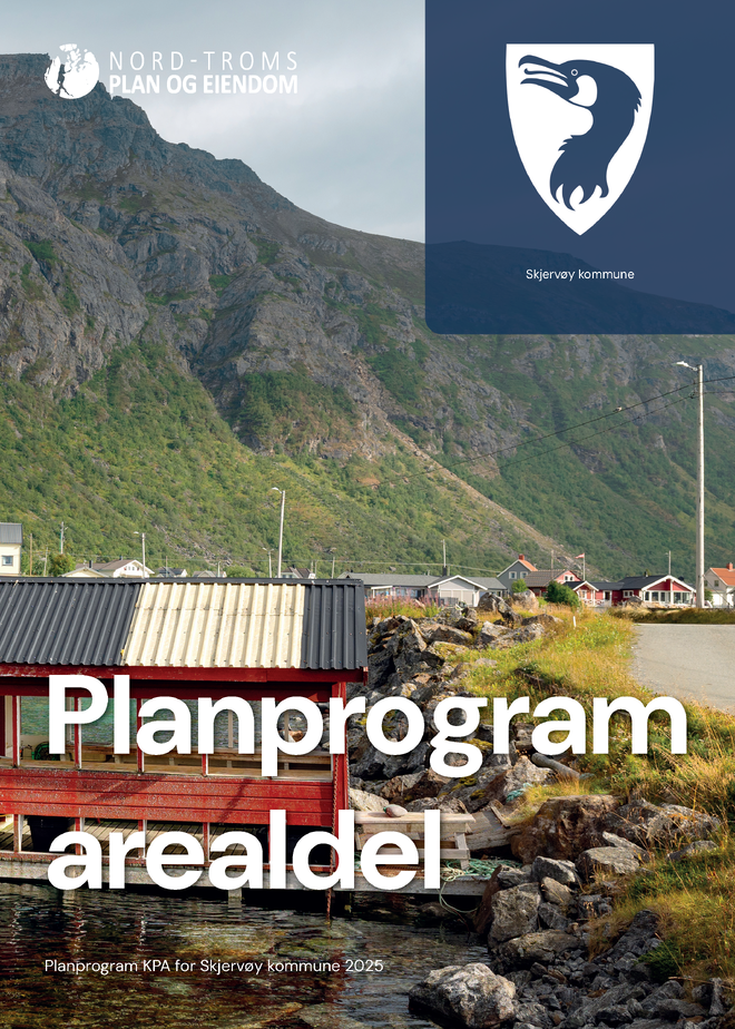 Forside til planprogram arealdel. Fjell i bakgrunn. I front ei rød sjøbu. Liten bebyggelse i bakgrunn.