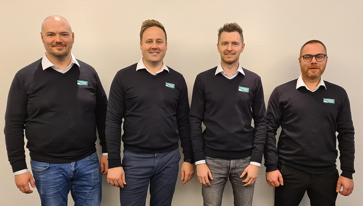 Her ser vi alle eiere i Nordvest Miljø AS, fra venstre Andreas Knutsen, strategi- og markedsleder, daglig leder Ole Jonny Rogne , Thomas Lund, system- og teknologiansvarlig, og Kjell Arvid Arnestad, avdelingsleder.
