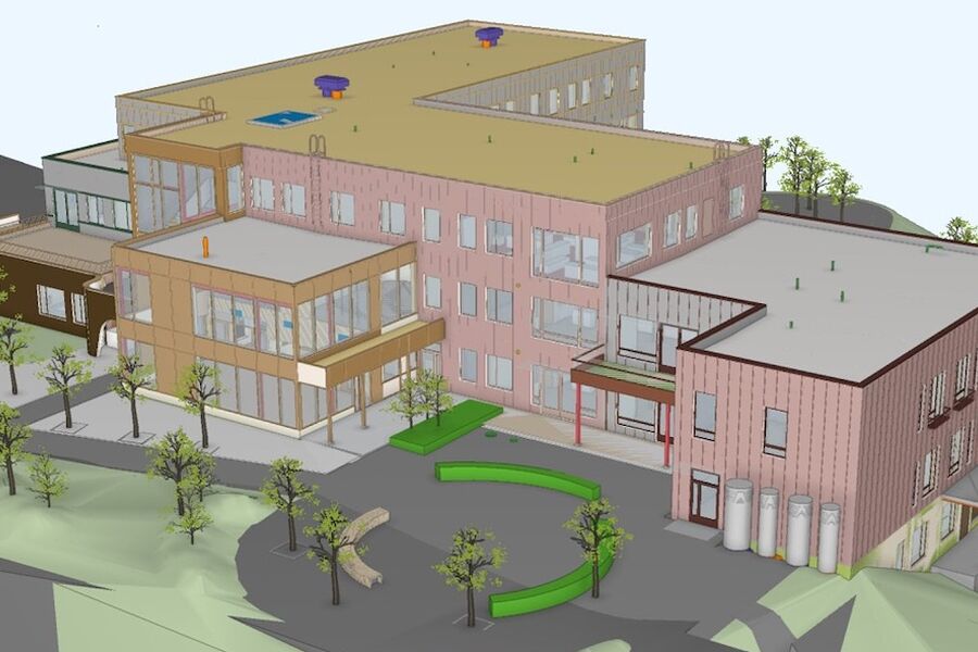 3D-modell av Tydal helsehus. Når bygget er ferdig vil det være på 6000 kvadratmeter. Foto: FuglesangDahl