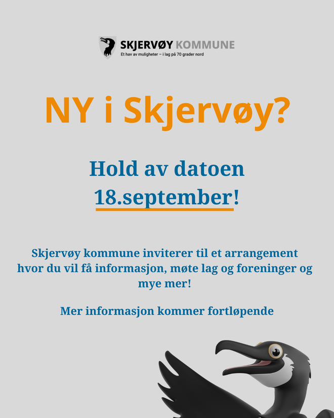 Plakat med informasjon. Står også i selve artikkelen. Animert Skarv og kommunelogo.