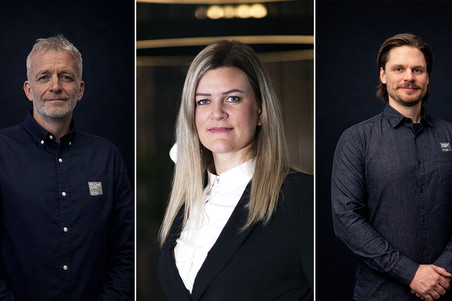 På bildet ser vi de tre nyansatte i FLOW Pluss Norge. Fra venstre, Lars Haugrønning, Siv Merethe Berge Røsland, og Joachim Thu Danielsen.