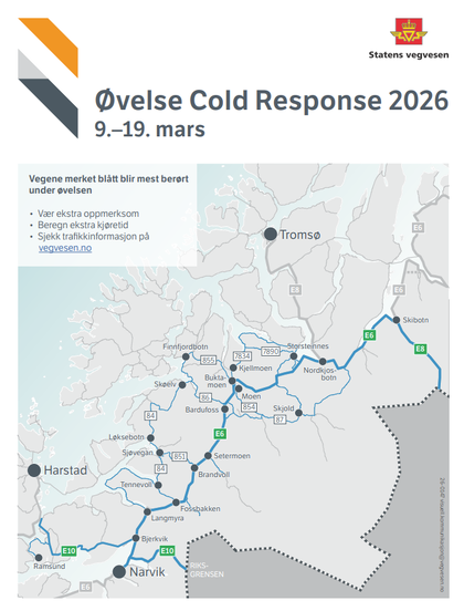 Veiene merket blått blir mest berørt under øvelsen Øvelse Cold Response
