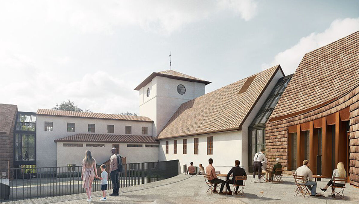 Det gamle Vikingskipshuset blir en viktig del av det nye museet. Illustrasjon: Vikingtidsmuseet, AART architects.